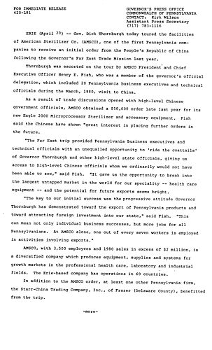 AMSCO tour (first company to receive order from People's Republic of China)