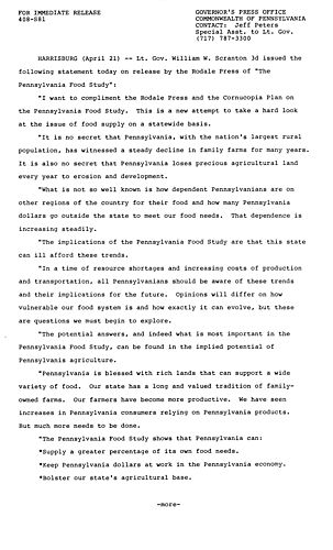 Lt. Governor Scranton: the "PA Food Study"