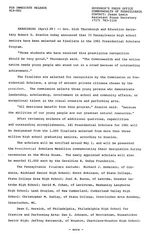 33 PA high school seniors selected as 1981 Presidential Scholars Program finalists