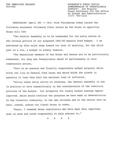 Statement: House approval of H.B. 524--revenue portion of 1981-82 General Fund Budget