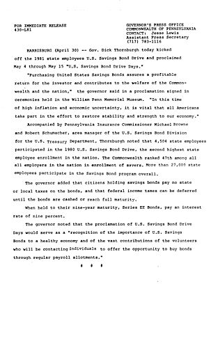 Kicks off 1981 State Employees U.S. Savings Bond Drive