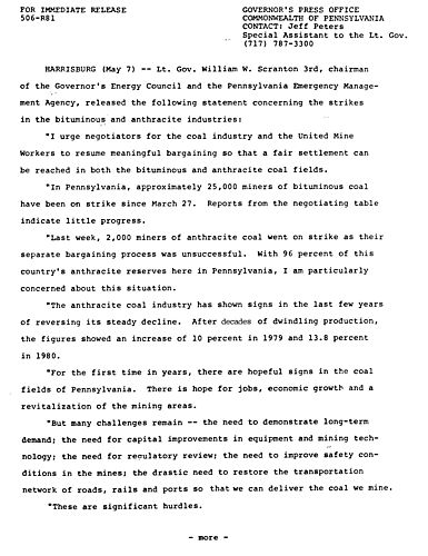 Lt. Governor Scranton: Statement re. strikes in bituminous and anthracite industries