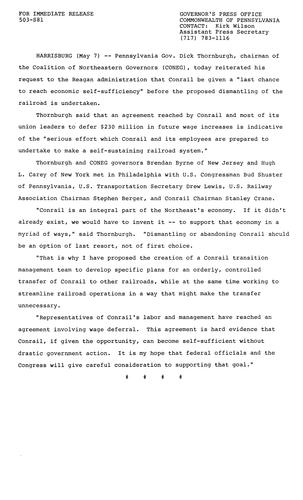 Thornburgh, as CONEG Chairman, appeals to Reagan administration that Conrail be given "a last chance"