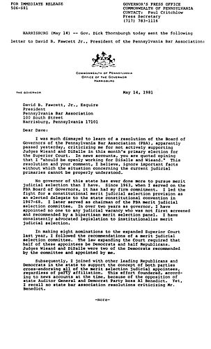 Letter to David B. Faucett, President, PA Bar Association