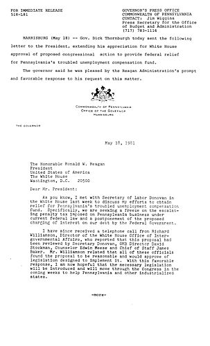 Letter to President Reagan for White House support of U.C. Fund