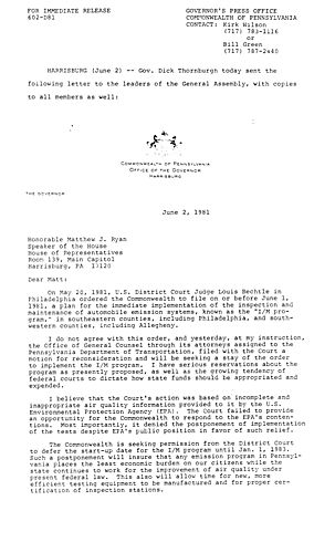 Letter to leaders of General Assembly regarding auto emissions inspection program