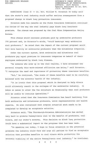 Lt. Governor Scranton: Coal industry could suffer from proposed change in black lung protection insurance