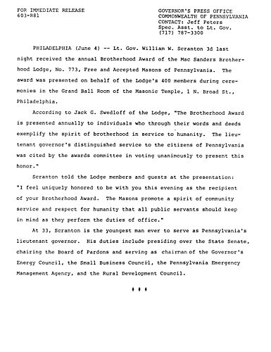 Lt. Governor Scranton: Receives annual Brotherhood Award\, No. 773 Free & Accepted Masons of PA