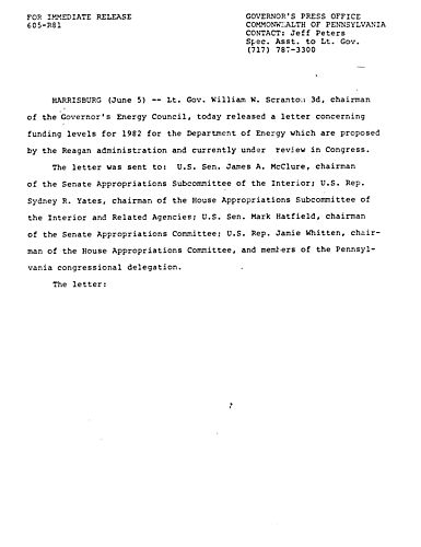 Lt. Governor Scranton: Letter concerning funding levels for 1982 at DOE