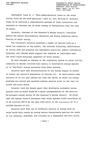 Lt. Governor Scranton: Testifies before Senate Environmental Resources and Energy Committees public hearing on solar energy