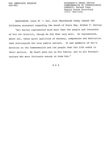 Statement: death of Representative Arthur F. Early