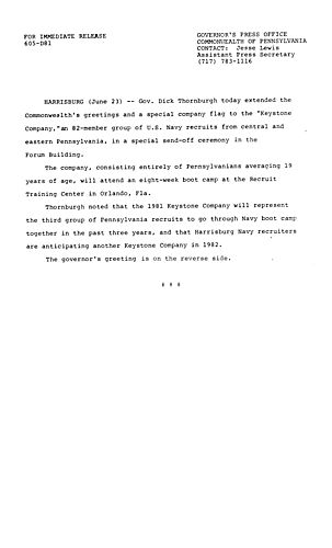 Commonwealth's greetings and special flag to Keystone Company