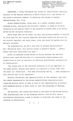Ginny Thornburgh joins Dr. Harold Wilke and other religious leaders in promoting Access Sabbath Sunday, October 9, 1981