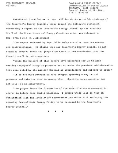 Lt. Governor: Statement re. Report on Governor's Energy Council by minority staff of House Mines & Energy Committee
