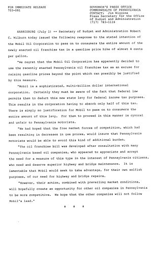 Budget and Administration Secretary Robert Wilburn: Response to Mobile Oil Corporation re. newly enacted oil franchise tax