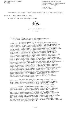 VETO: H.B. 456 concerns vehicle emission inspections provision