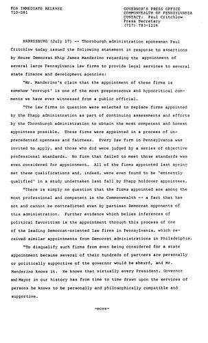Paul Critchlow statement regarding assertions made by Representative James Manderino