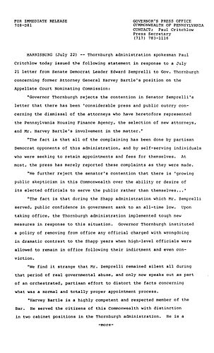 Paul Critchlow statement: Senator Edward Zemprelli letter regarding Appellate Court Nominating Commission