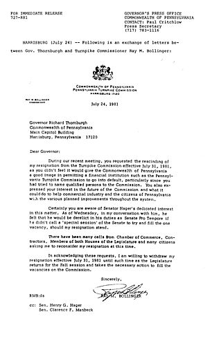 Letter to and from Ray M. Bollinger regarding resignation from Turnpike Commission