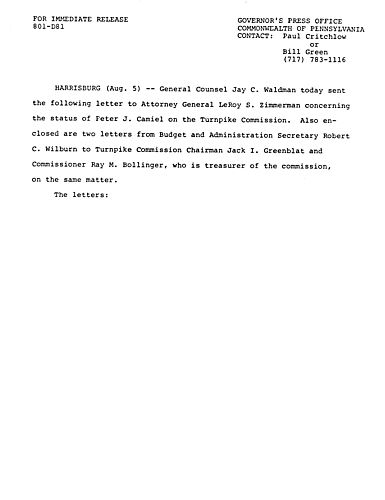 Jay C. Waldman letter to Attorney General LeRoy Zimmerman regarding status of Peter J. Camiel