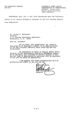 Letter to Dr. Nunzio Palladino designating General DeWitt Smith to Three Mile Island (TMI) Citizens' Advisory Panel