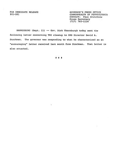 Letter to OMB Director David Stockman regarding Three Mile Island (TMI) cleanup