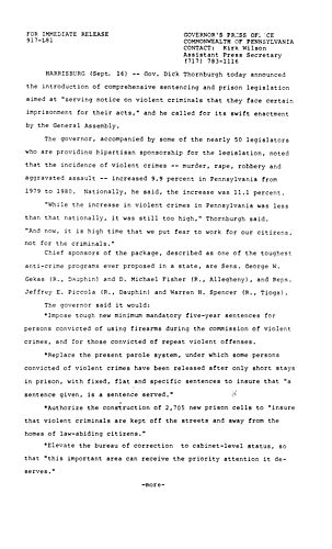 Introduces comprehensive sentencing and prison legislation