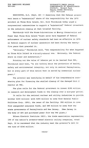 Urges Congressional Subcommittee to support federal investment in radiation cleanup of Three Mile Island (TMI)