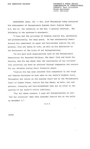 Endorses Supreme Court Justice Robert N.C. Nix Jr. for Retention