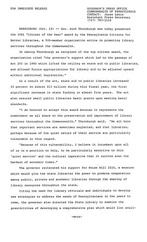 Presents PA Citizens for Better Libraries 1981 "Citizen of the Year"