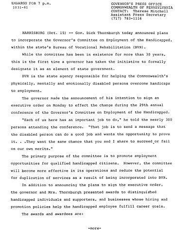Will incorporate Governor's Committee on Employment of Handicapped within Bureau of Vocational Rehabilitation