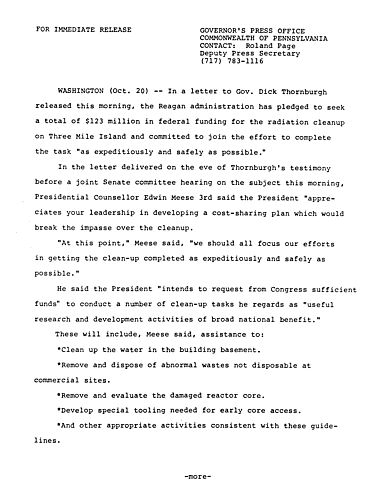 Letter from Edwin Meese III regarding cost-sharing plan for cleanup of Three Mile Island (TMI)