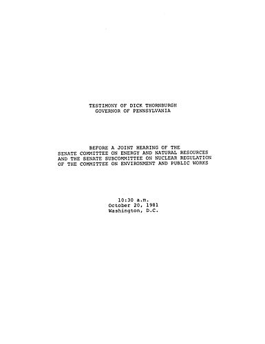 Testimony before Joint Hearing of Senate Committee on Energy & Natural Resources and Senate Subcommittee on Nuclear Regulations