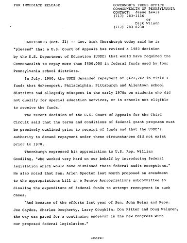 U.S. Court of Appeals revises 1980 decision by U.S. Dept. of Education that would have required PA to repay $400\,000 used by 4 PA school districts