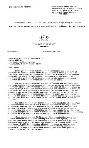 Letter to Representative William Pendleton regarding Marcy State Hospital proposed conversion