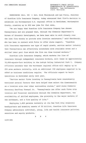 Guardian Life Insurance Company will establish its Northeastern U.S. Regional Office in PA (400 jobs)