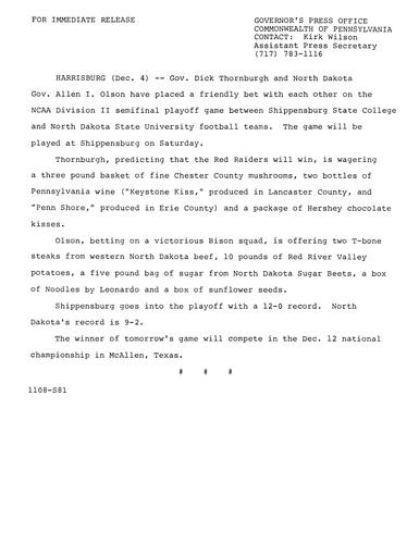 Wager with Governor Allen I. Olson on NCAA II semi-final football game between Shippensburg State College and North Dakota State University