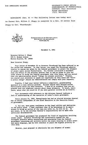 Robin Ross letter to Milton J. Shapp regarding shipment of atomic waste across PA