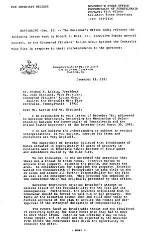 Robin Ross letter to Concerned Citizens' Action Group against Centralia mine fire