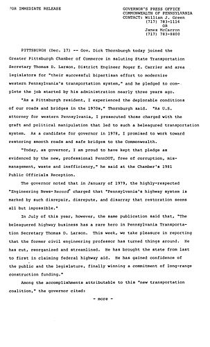 Remarks: Greater Pittsburgh Chamber of Commerce, 1981 public officials reception regarding new transportation coalition