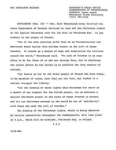 Directs DGS to turn off Christmas lights on Capitol Christmas tree for one hour on Christmas Eve in tribute to people of Poland