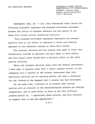 Statement: proposed agreement between Office of Consumer Advocate and Three Mile Island (TMI) owners