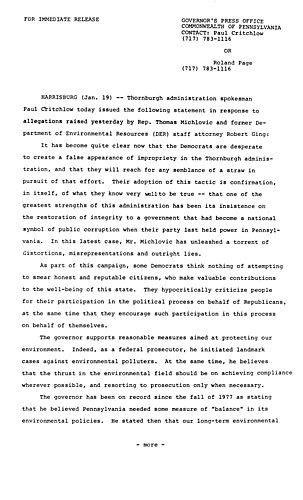 Paul Critchlow: Response to allegations by Robert Ging and Representative Thomas Michlovic