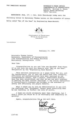 Letter to Transportation Secretary Tom Larson regarding Engineering News-Record's, "Man of the Year"