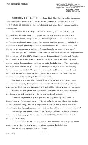 National Governors Association (NGA) support for legislation to encourage development of export trading companies
