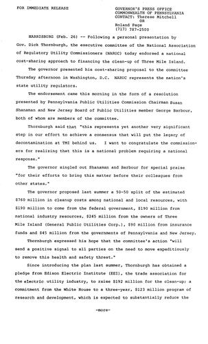 Executive Committee of National Association of Regulatory Commissioners endorses Cost-Sharing Plan for Cleanup of Three Mile Island (TMI)