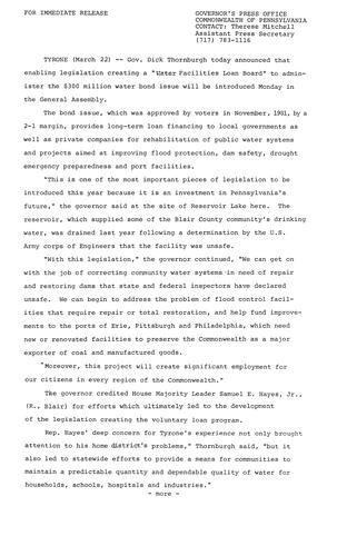 Water Facilities Loan Board Legislation will be introduced to administer $300 million water bond issue