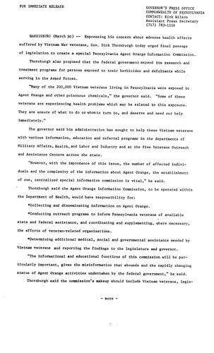 Urges final passage of legislation to create PA Agent Orange Information Commission