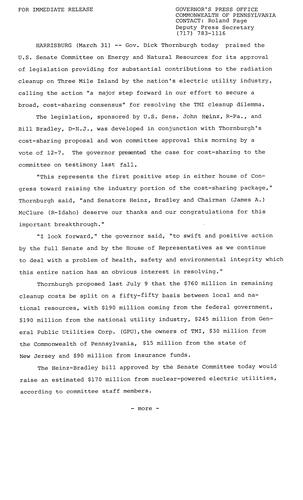 Praises U.S. Senate Committee on Energy and Natural Resources for approval of legislation contributing toward cleanup of Three Mile Island (TMI)