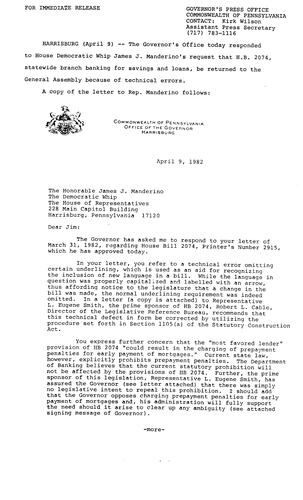 Letter to Representative James J. Manderino regarding H.B. 2074